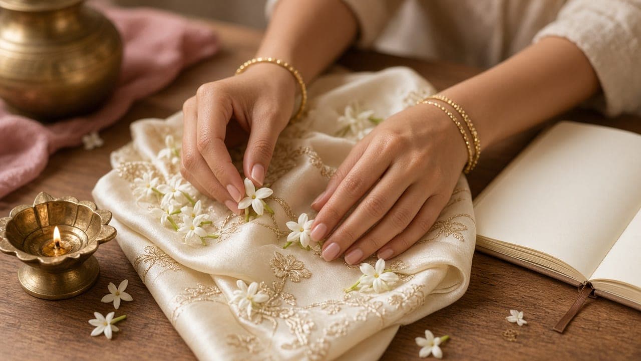 Hands gently arranging jasmine flowers on embroidered ivory silk beside a brass lamp and an open notebook