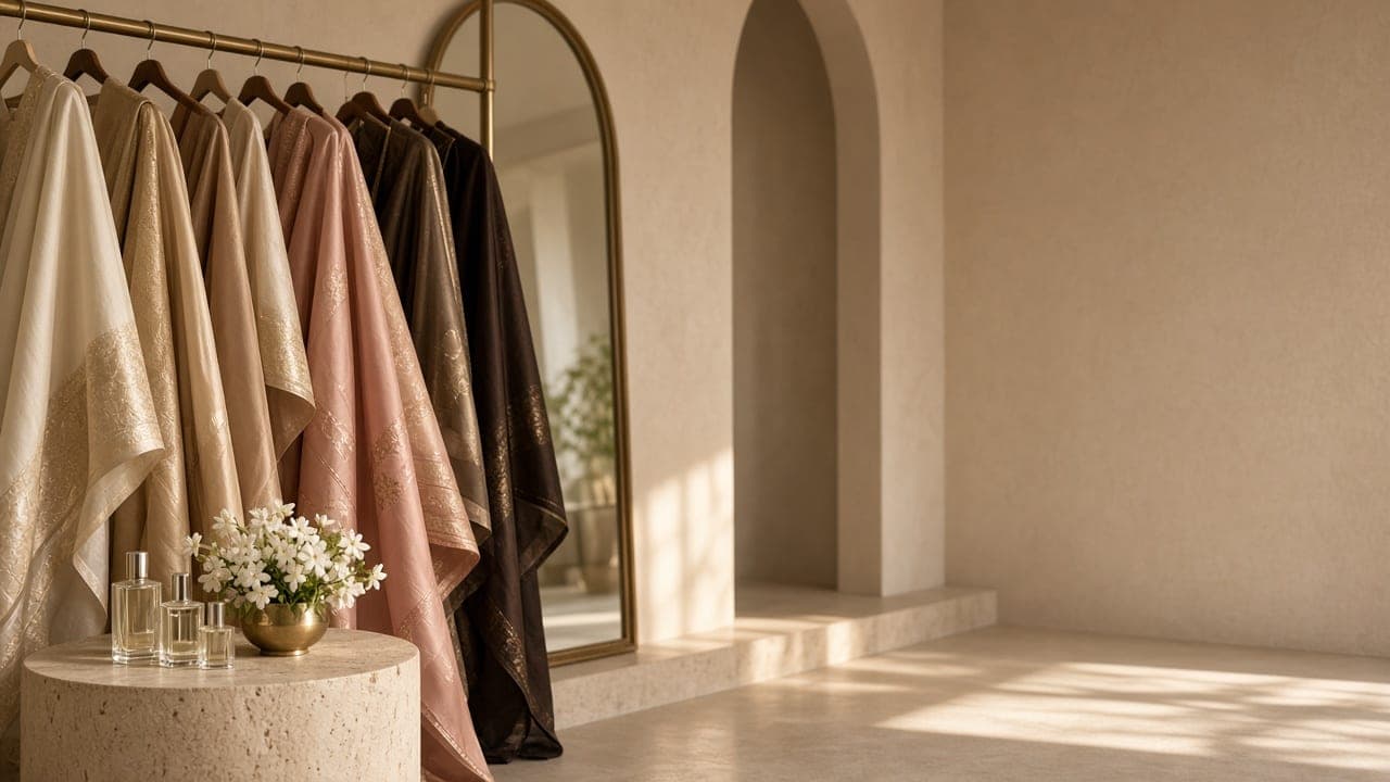 Silk sarees and dupattas in ivory, blush and espresso on a brass rail beside an arched mirror in warm afternoon light