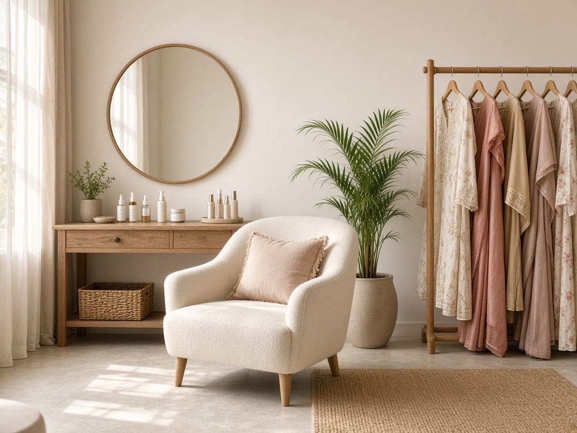 A calm boutique corner with an ivory armchair, round mirror, vanity with unbranded bottles and a rail of soft-toned garments